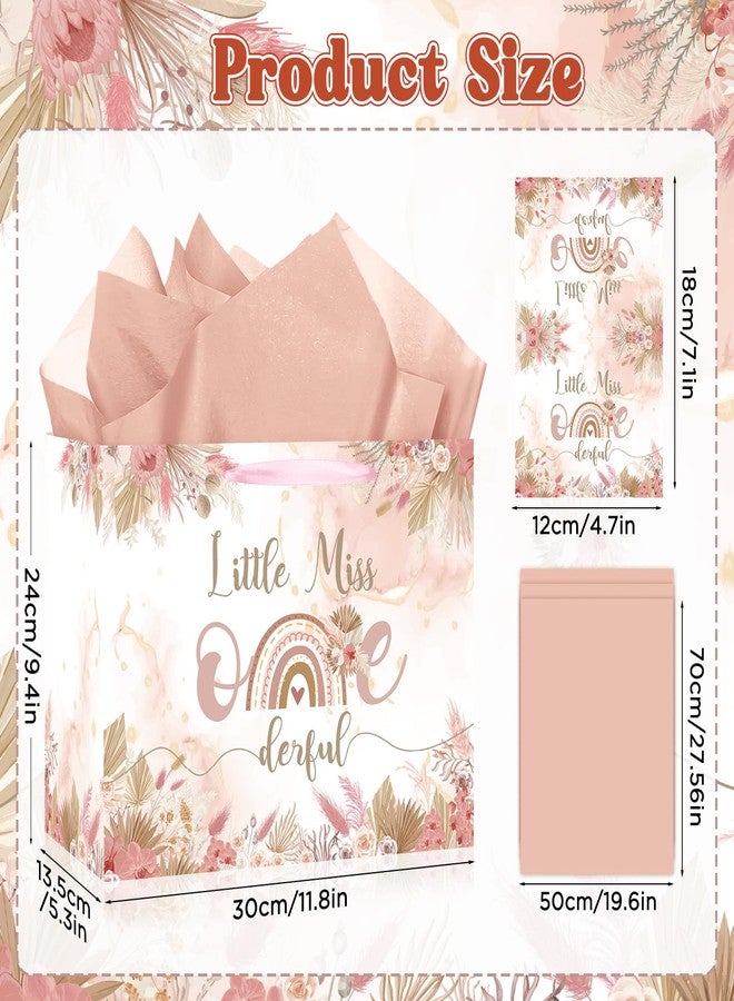 Woosytoo Onederful 1st Birthday Gift Bag for Baby Girl, Boho Floral First Birthday Gift Bags with Tissue Paper Greeting Card Little Miss Onederful Wrapping Paper Bag for Newborn Baby Shower One Year Old Party - Image 3